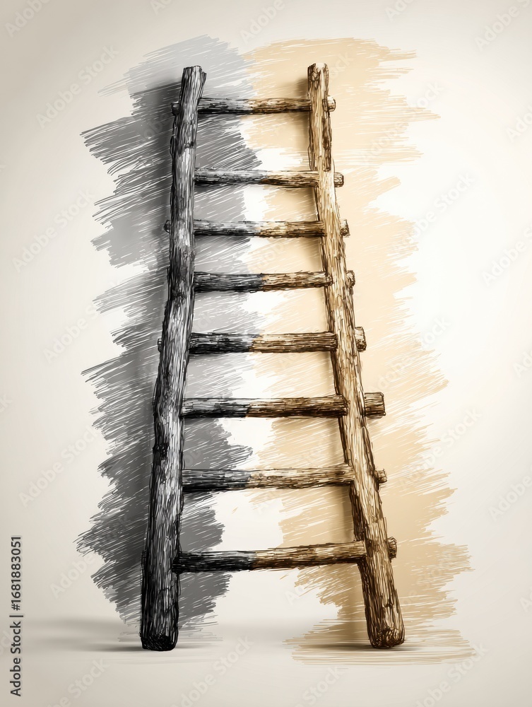 Poster artistic representation of a ladder with contrasting colors and textures illustrating duality in des