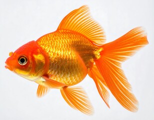 Fototapeta premium Vividly colored goldfish displays intricate scales and fins against a plain white background.
