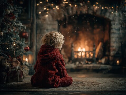 Child in red sweater gazing at warm fireplace with festive decorations during holiday season - Powered by Adobe
