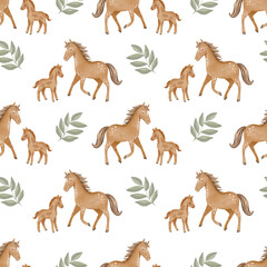 Seamless watercolor pattern with horse and foal, painted in soft rustic style. Perfect for textiles, wallpapers, children’s designs, farm decor, and equestrian-themed projects.