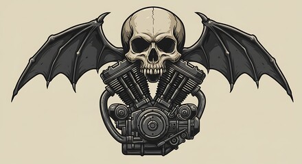 Rebellious Skull Motorcycle Engine with Bat Wings Illustration.