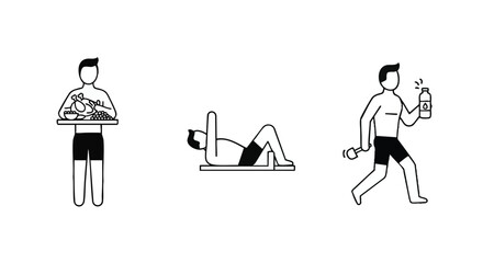 Outline vector illustrations depicting a comprehensive healthy lifestyle, encompassing balanced nutrition, consistent physical exercise, and essential hydration for overall well-being and fitness