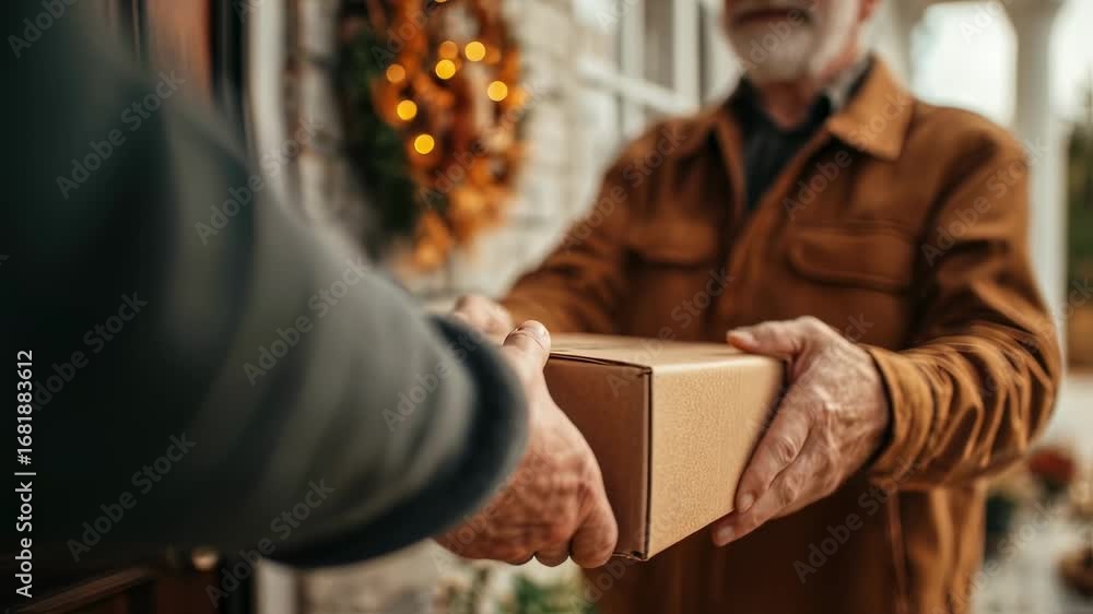Poster dynamic shot capturing a local delivery person handing over a package at a doorstep with porch décor
