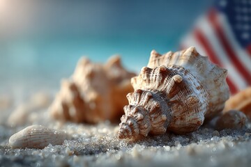Shells and sand with an American flag in the background at a beach during sunset