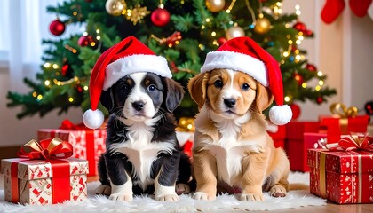 Two adorable puppies wearing Santa hats sit amidst a festive Christmas setting, surrounded by presents and a decorated tree.