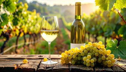 Elegance of the Vineyard: Unlabeled White Wine Bottle and Glass on a Weathered Tabletop, Highlighted by Soft Light and Green Grapes, A Fresh and Inviting Composition.