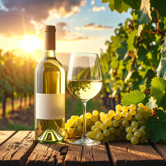 Elegance of the Vineyard: Unlabeled White Wine Bottle and Glass on a Weathered Tabletop, Highlighted by Soft Light and Green Grapes, A Fresh and Inviting Composition.