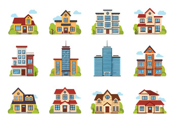 Set of flat style houses, office, and apartment buildings, featuring suburban homes, modern residences, and high-rise apartments, ideal for real estate, property, and urban living concepts