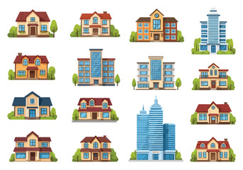 Set of flat style houses, office, and apartment buildings, featuring suburban homes, modern residences, and high-rise apartments, ideal for real estate, property, and urban living concepts