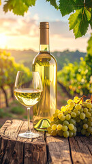 Elegance of the Vineyard: Unlabeled White Wine Bottle and Glass on a Weathered Tabletop, Highlighted by Soft Light and Green Grapes, A Fresh and Inviting Composition.