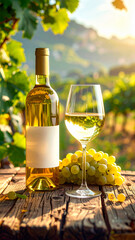 Fototapeta premium Elegance of the Vineyard: Unlabeled White Wine Bottle and Glass on a Weathered Tabletop, Highlighted by Soft Light and Green Grapes, A Fresh and Inviting Composition.