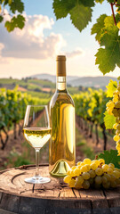 Elegance of the Vineyard: Unlabeled White Wine Bottle and Glass on a Weathered Tabletop, Highlighted by Soft Light and Green Grapes, A Fresh and Inviting Composition.
