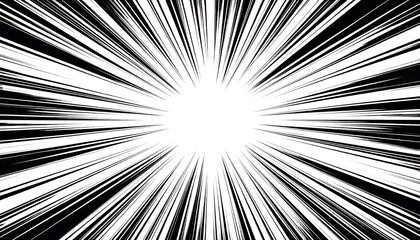 Naklejka premium A dynamic radiating design composed of numerous converging black lines on a white background.