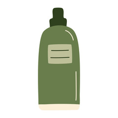 Green bottle balm with dark cap, organic product packaging, eco-friendly container, reusable shampoo jar, conditioner, sustainable storage, minimalist design, hand-drawn flat vector illustration.