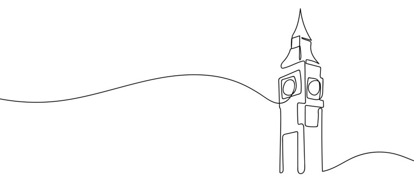 Continuous line of Clock Tower Time. Hand drawn vector art line. Editable stroke.