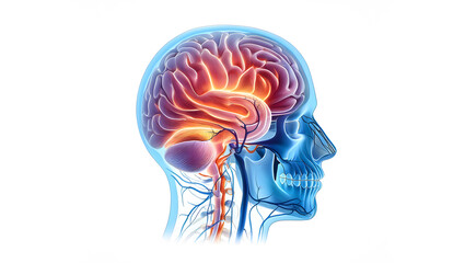 Human brain anatomy illustration isolated on white background with skull and nervous system