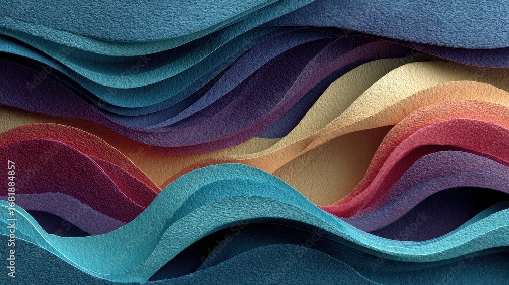 Poster colorful layered felt waves creates dynamic abstract background with texture, simulating ocean waves