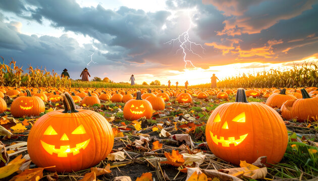 Glowing jack-o'-lanterns brighten a pumpkin field under a dramatic, lightning-streaked sunset, creating an eerie and captivating autumn Halloween atmosphere