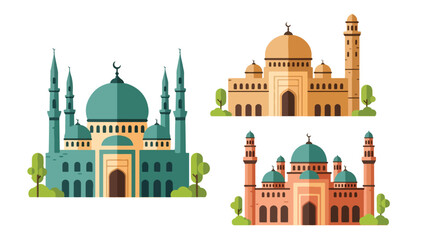 Set of flat style mosque illustrations, showcasing different Islamic architecture designs with domes, minarets, and cultural elements, representing worship, tradition, and heritage