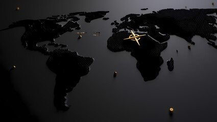 A luxurious world map with golden accents, showcasing global connections and travel destinations on a dark, elegant background