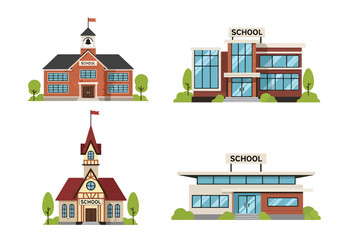 Set of flat style school building illustrations, showcasing different educational architecture designs including modern, classic, and colorful styles for learning institutions and academic centers