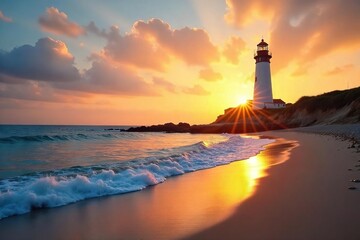 Fototapeta premium Majestic Lighthouse Sunset Tranquil Coastal Scene of Golden Hour on Sandy Beach