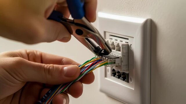 Hands performing a clean punchdown of twisted pair cables into an Ethernet keystone jack embedded in a wall plate.