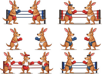 Cartoon kangaroo boxers in boxing ring, wearing gloves and shorts, funny animal sports illustration, competitive kangaroo fight, cute wildlife characters.