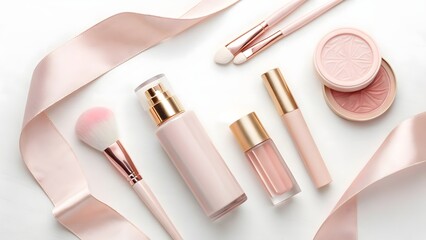 Obraz premium Elegant pink makeup products and ribbon arrangement