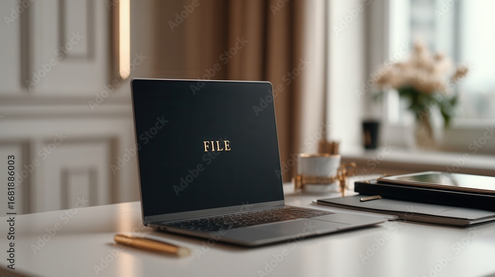 Poster Modern Workspace With Laptop Displaying File on Screen During the Day