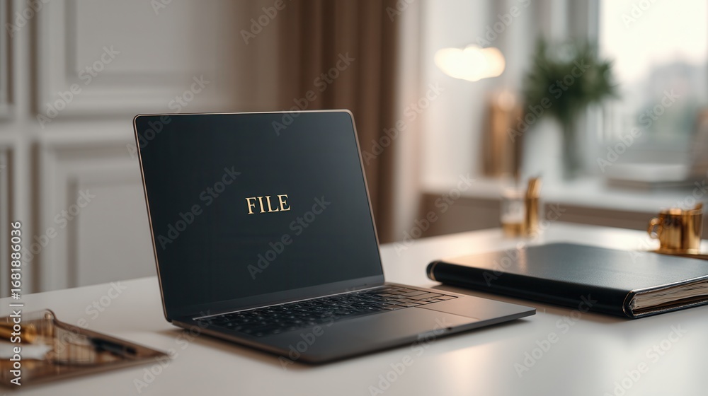 Poster laptop displaying file on screen with office decor in the background