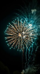 Fototapeta premium Bright Fireworks Display with Teal and Golden Colors in Dark Night Sky.