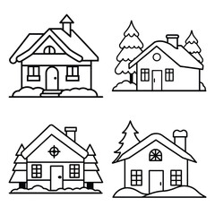snow covered house vector line art icon set