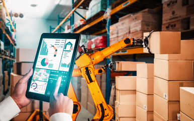 Smart robot arm systems for innovative warehouse and factory digital technology . Automation...