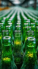 Green glass bottles arranged in neat rows inside a bottling facility during daylight hours