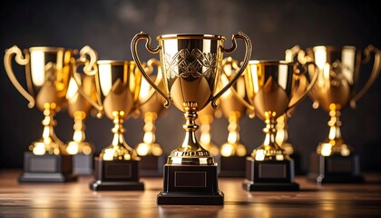A collection of gleaming gold trophies displayed on a wooden surface, highlighting achievement and success.