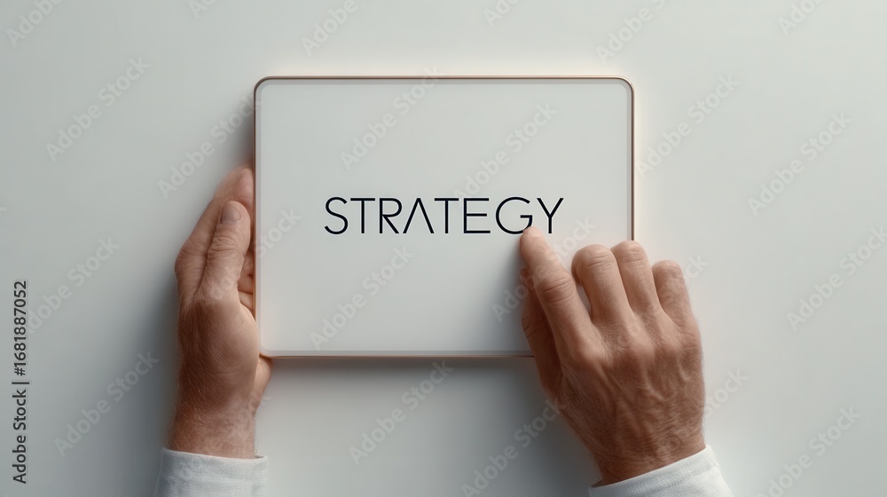 Poster engaging with strategy concepts using innovative tools in a modern workspace
