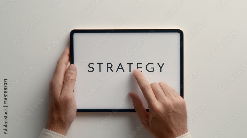 Poster hands interacting with tablet screen displaying strategy concept at workspace