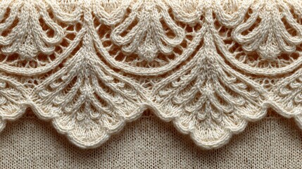 Handcrafted openwork knitted lace edging showcases intricate stitchwork and organic design, resting on simple, neutral linen