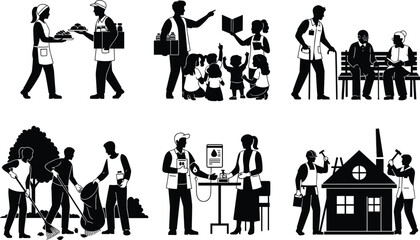 Community service activities, volunteer teamwork helping others, education support, elderly care, environmental cleanup, healthcare assistance, home renovation workers, teamwork and charity.