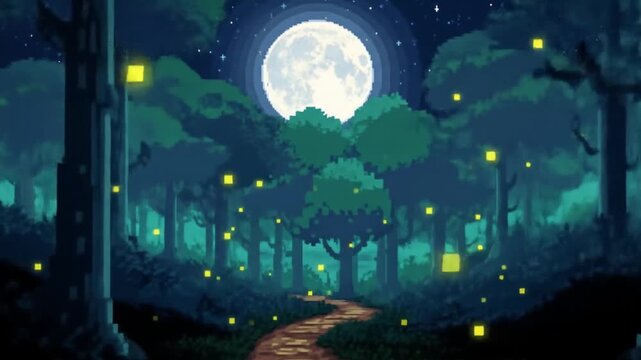 Mystical pixel art forest path bathed in moonlight with glowing fireflies, inspiring wonder and adventure.