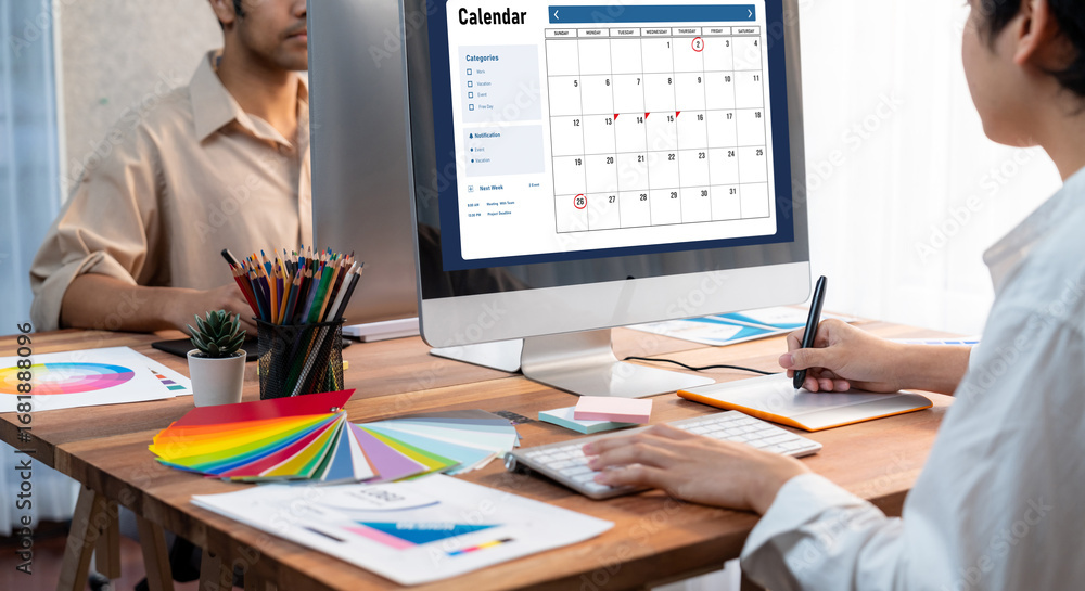 Aufkleber calendar on computer software application for brisk schedule planning for personal organizer and onl