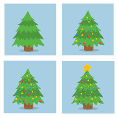 Christmas tree sequencing illustration showing step by step decoration with ornaments and star. Educational worksheet for kids about holiday order and activities.