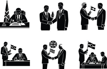 Businessmen signing agreement, international handshake, flag holding, diplomatic meeting, official contract signing, partnership deal, business negotiation, formal collaboration, 