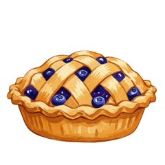 Blueberry Pie with Lattice Crust Watercolor Illustration