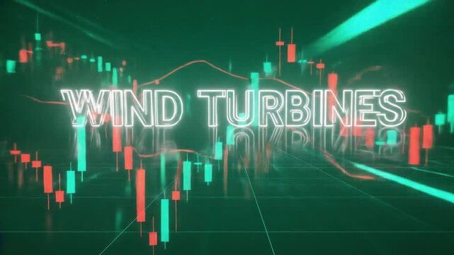 Futuristic digital representation of wind turbines with financial graphs and data overlays - Powered by Adobe