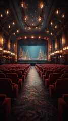 Elegant theater interior with red seats and holiday trees illuminated on stage during a winter evening performance