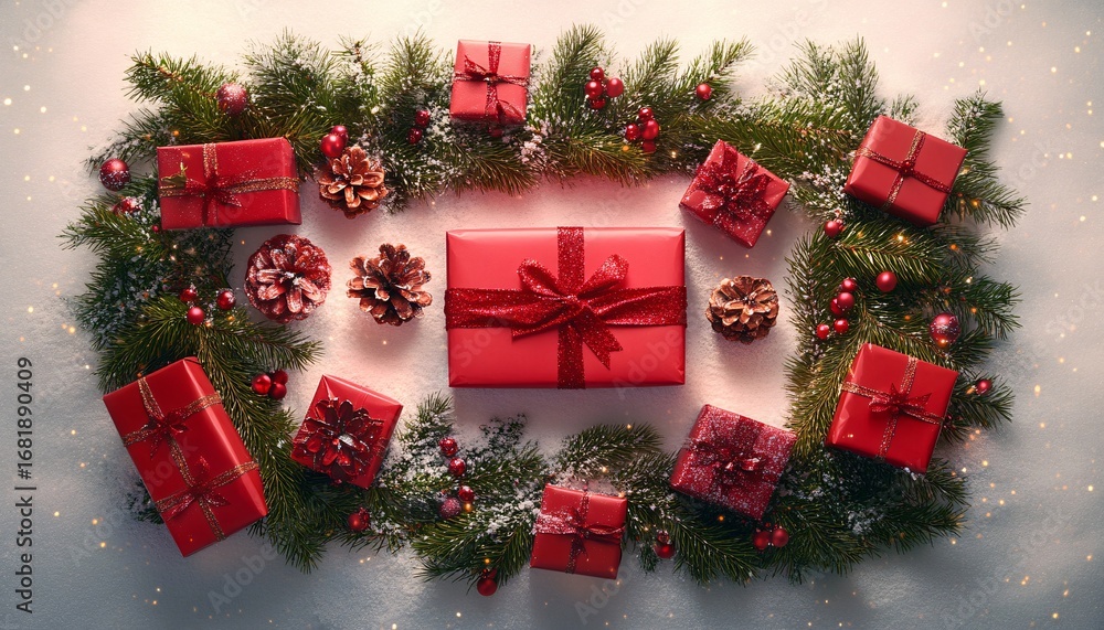 Poster multiple red presents with ribbons and pine branches decorated with ornaments are arranged on a snow