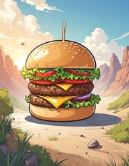 A large, appetizing double cheeseburger sits on a desert landscape under a vibrant sunset.