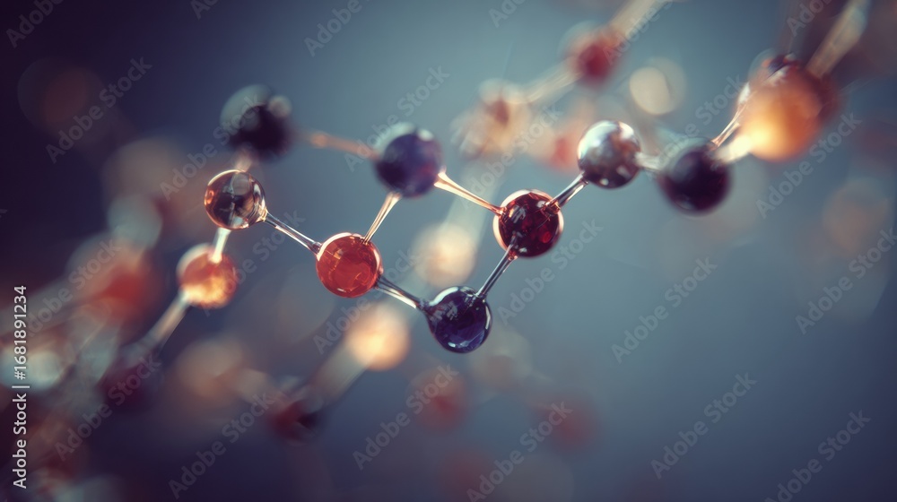 Poster exploring the structure of a molecular chain with colorful spheres highlighting the connections in a